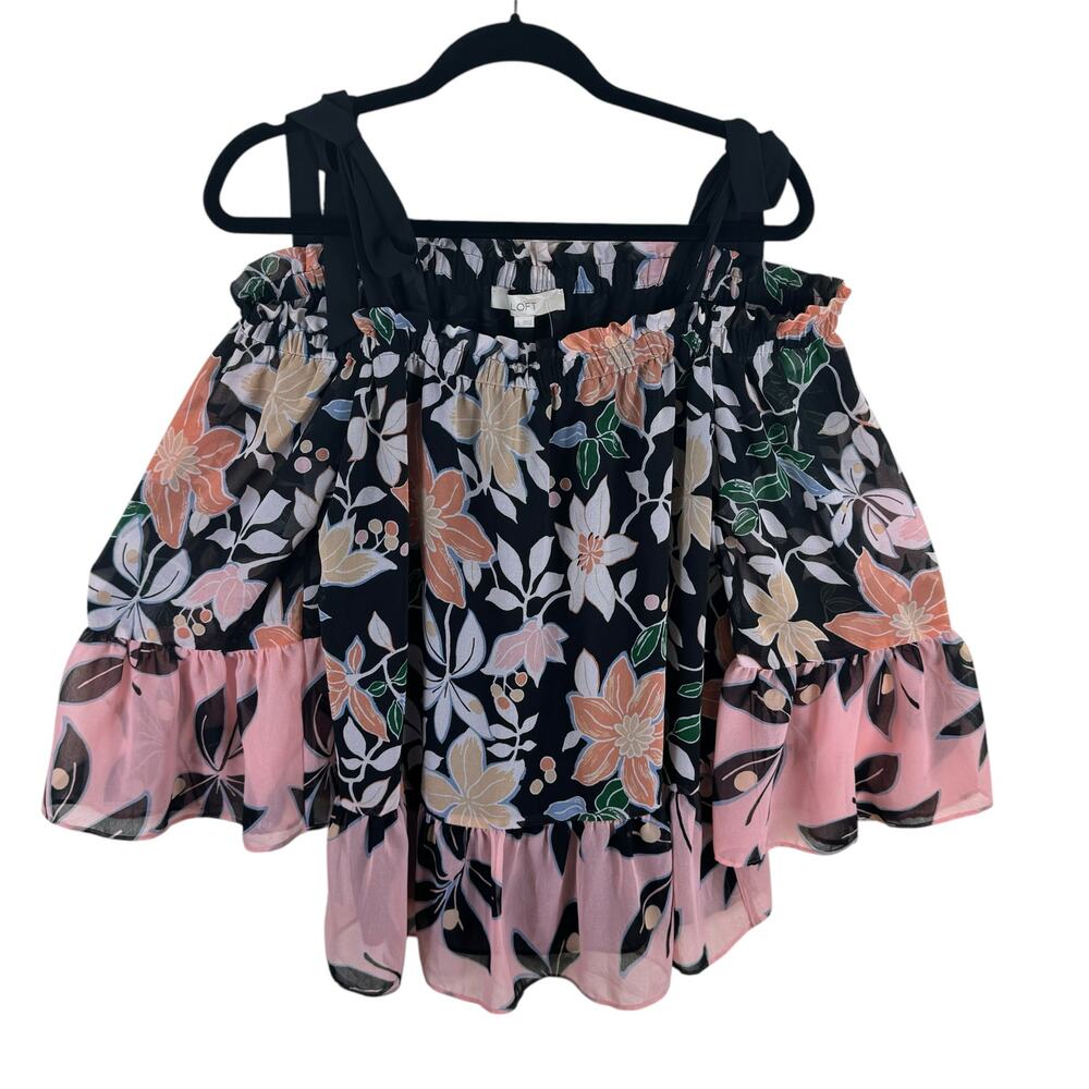 LOFT Black Floral Off-Shoulder Tie-Shoulder Blouse with Pink Ruffle